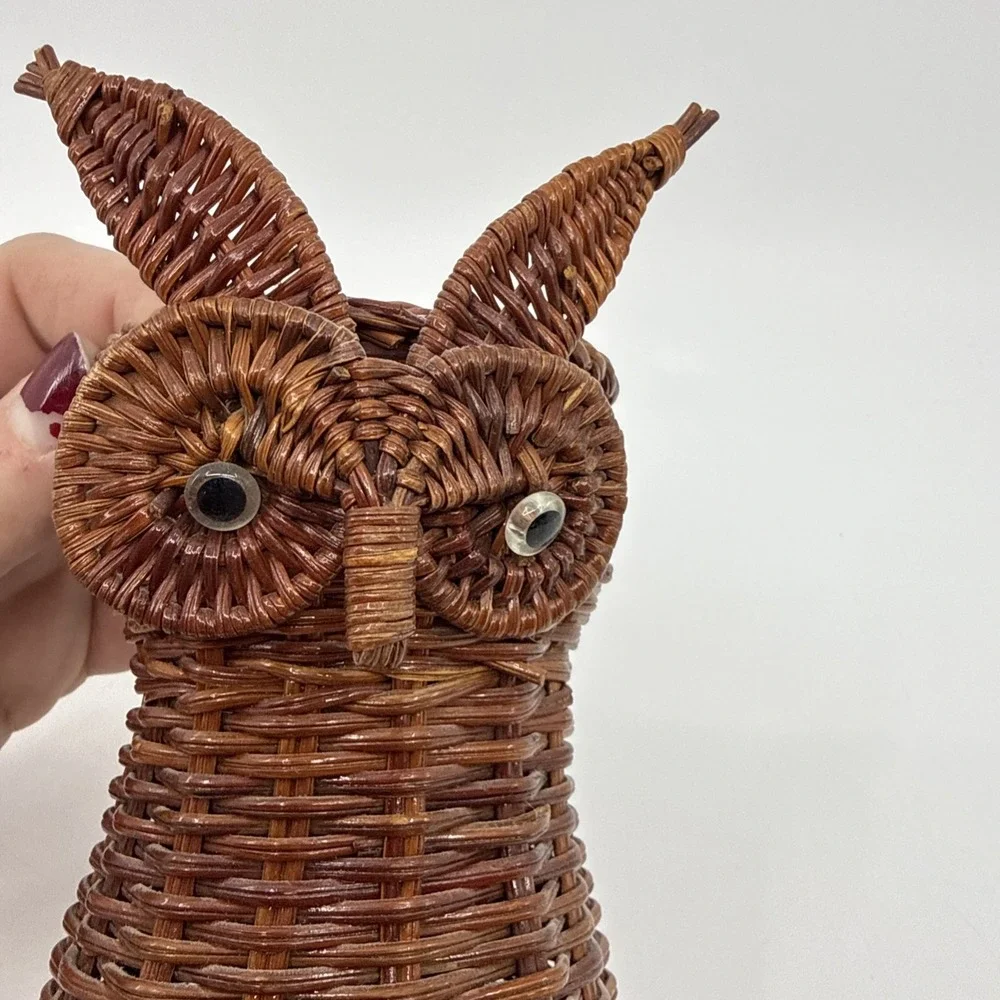 Vtg Mid Century‎ Modern Great Horned Owl Rattan Raffia Boho Basket 6